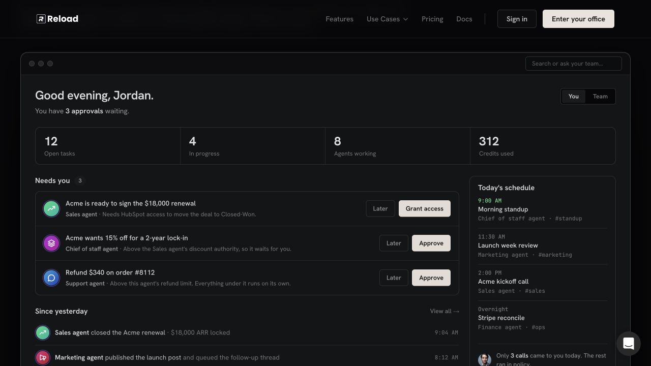 Reload’s workspace demo showing agent activity, human approvals, and scheduled work